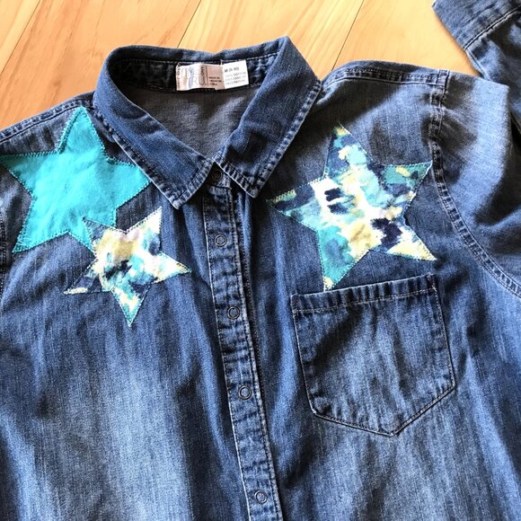 Women’s Star Denim Shirt, M (8-10): Upcycled Handmade Appliqued Stars Front/Back - Picture 9 of 11